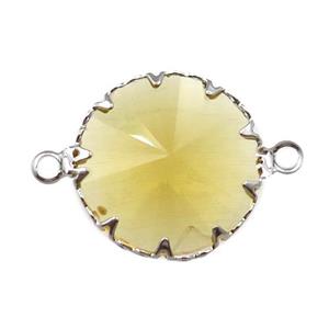 yellow crystal glass circle connector, platinum plated, approx 17mm dia