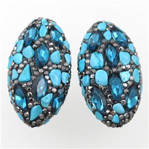 Clay oval beads paved rhinestone with turquoise, approx 20-40mm