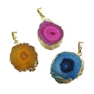 solar quartz druzy slice pendant, mixed color, gold plated, approx 18-25mm