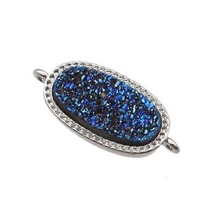 blue druzy quartz oval connector, platinum plated, approx 10-16.5mm