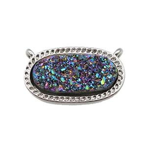 rainbow druzy quartz oval pendant, platinum plated, approx 10-16.5mm