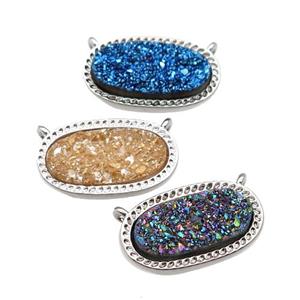 druzy quartz oval pendant, platinum plated, mixed, approx 10-16.5mm