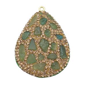 green Chrysoprase teardrop pendant pave yellow rhinestone, approx 30-40mm