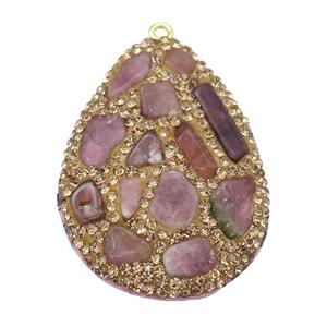 pink Tourmaline teardrop pendant paved rhinestone, approx 30-40mm