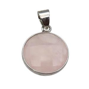 Rose Quartz coin pendant, platinum plated, approx 16mm dia