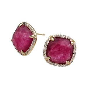 Red Dye Jade Stud Earring Square Gold Plated, approx 14mm