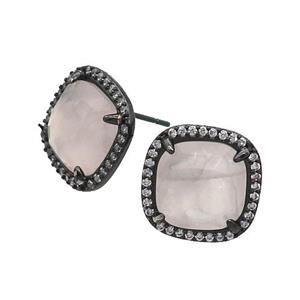 Rose Quartz Stud Earring Square Black Plated, approx 14mm