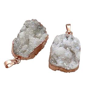 White Quartz Druzy Pendant Freeform AB-Color Rose Gold, approx 20-35mm