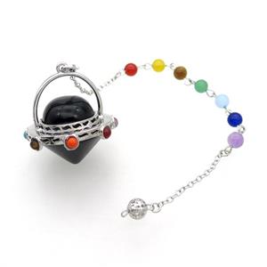 Black Onyx Agate Pendulum Pendant Chakra Platinum Plated, approx 35mm, 18cm chain