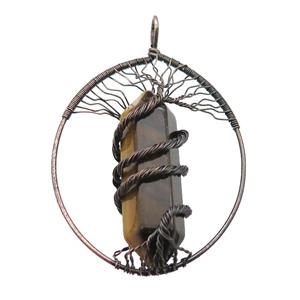 Tiger Eye Stone Tree Of Life Pendant Alloy Wire Wrapped Antique Red, approx 50-70mm