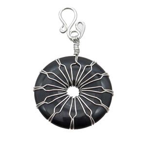 Black Onyx Agate Donut Pendant Wire Wrapped, approx 30mm