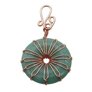 Green Aventurine Donut Pendant Wire Wrapped Rose Gold, approx 30mm