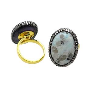 Kiwi Jasper Copper Ring Pave Rhinestone Adjustable Gold Plated, approx 20-28mm, 18mm dia