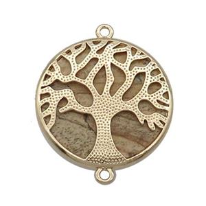 Picture Jasper Copper Connector Tree Of Life Circle Gold Plated, approx 27mm dia