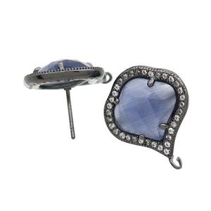 Blue Cat Eye Glass Stud Earring Copper Pave Zircon With Loop Black Plated, approx 18mm