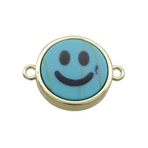 Blue Dye Turquoise Emoji Connector Smileface Circle Gold Plated, approx 15mm dia