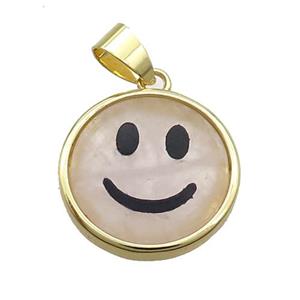 Rose Quartz Emoji Pendant Smileface Circle Gold Plated, approx 18mm dia