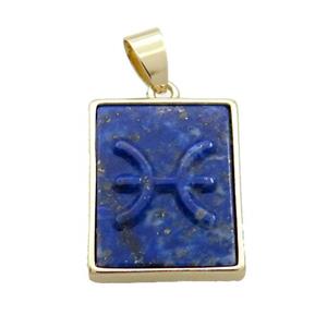 Natural Lapis Lazuli Pendant Zodiac Pisces Blue Rectangle Gold Plated, approx 16-20mm