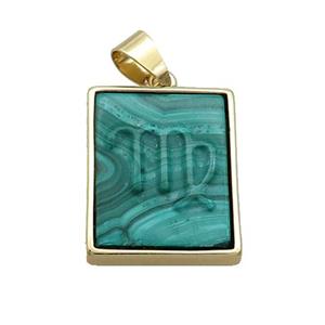 Natural Malachite Pendant Zodiac Virgo Green Rectangle Gold Plated, approx 16-20mm