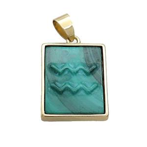 Natural Malachite Pendant Zodiac Aquarius Green Rectangle Gold Plated, approx 16-20mm