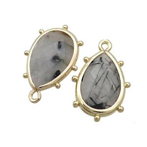 Natural Black Rutilated Quartz Teardrop Pendant Gold Plated, approx 10-18mm