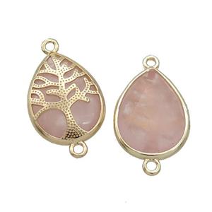 Pink Rose Quartz Teardrop Connector Tree Of Life Gold Plated, approx 15-20mm