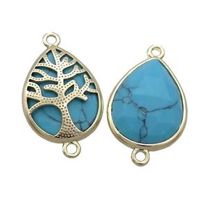 Blue Dye Turquoise Teardrop Connector Tree Of Life Gold Plated, approx 15-20mm