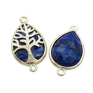 Natural Blue Lapis Lazuli Teardrop Connector Tree Of Life Gold Plated, approx 15-20mm