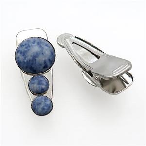 Copper Hair Clips Pave Blue Dalmatian Jasper Platinum Plated, approx 12mm, 25-60mm