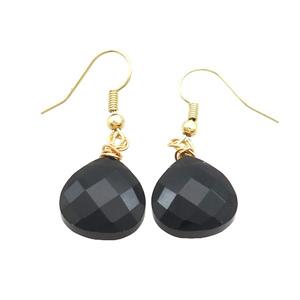 Black Onyx Agate Copper Hook Earrings Teardrop Gold Plated, approx 15mm