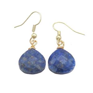 Natural Blue Lapis Lazuli Copper Hook Earrings Teardrop Gold Plated, approx 15mm