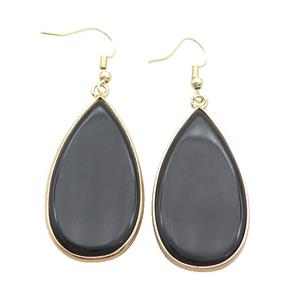 Black Onyx Agate Copper Hook Earrings Teardrop Gold Plated, approx 20-40mm