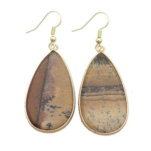 Picture Jasper Copper Hook Earrings Teardrop Gold Plated, approx 20-40mm