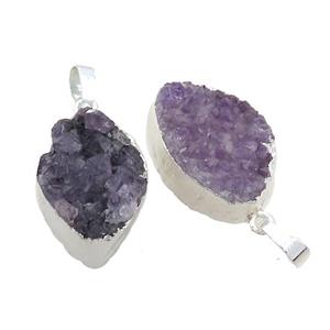 Amethyst Druzy Cluster Pendant Freeform Shiny Silver, approx 15-22mm