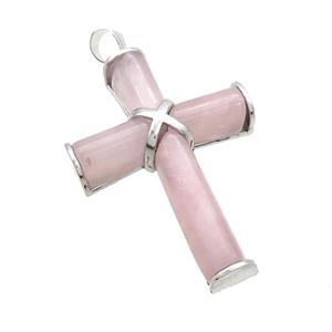 Natural Pink Rose Quartz Cross Pendant Platinum Plated, approx 30-45mm