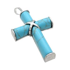 Blue Magnesite Turquoise Cross Pendant Platinum Plated, approx 30-45mm