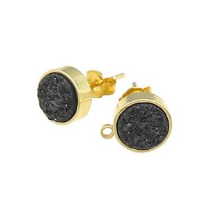 Black Druzy Quartz Stud Earrings Gold Plated, approx 8mm