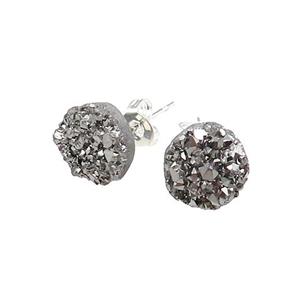 Silver Druzy Quartz Stud Earrings Platinum Plated, approx 8mm