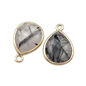 Natural Black Rutilated Quartz Teardrop Pendant Gold Plated, approx 13-15mm