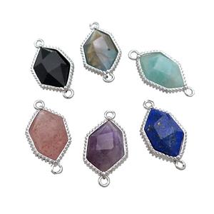 Natural Gemstone Energy Prism Connector Platinum Plated Polygon Mixed, approx 13-18mm