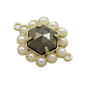 Copper Hexagon Connector Pave Pyrite Pearlized Resin Gold Plated, approx 18mm