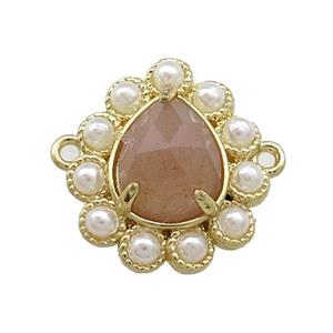 Copper Teardrop Connector Pave Peach Sunstone Pearlized Resin Gold Plated, approx 16-18mm