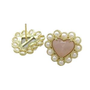 Copper Heart Stud Earring Pave Peach Sunstone Pearlized Resin Gold Plated, approx 18mm