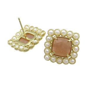 Copper Stud Earrings Pave Peach Sunstone Pearlized Resin Square Gold Plated, approx 17x17mm