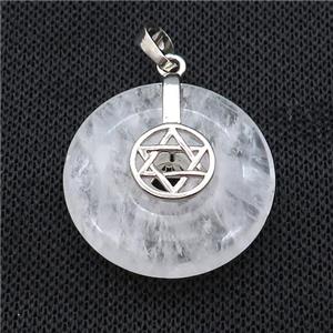 Natural Clear Quartz Donut Pendant With Alloy David Star, approx 30mm