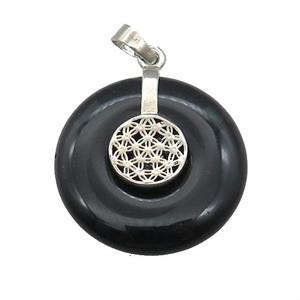 Natural Black Obsidian Donut Pendant With Alloy Flower Of Life, approx 30mm