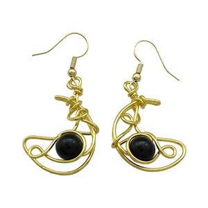 Copper Hook Earrings Moon With Black Obsidian Wire Wrapped Gold Plated, approx 8mm, 20-25mm