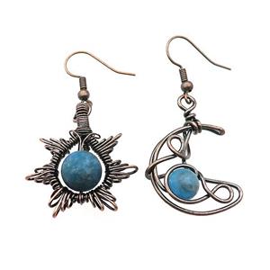 Copper Hook Earring Star Moon With Blue Apatite Wire Wrapped Antique Red, approx 8mm, 10mm, 25mm