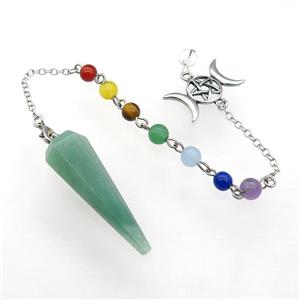 Green Aventurine Pendulum Pendant With Gemstone Chakra Chain Alloy Star Moon Platinum Plated, approx 13-42mm, 6mm, 18cm length