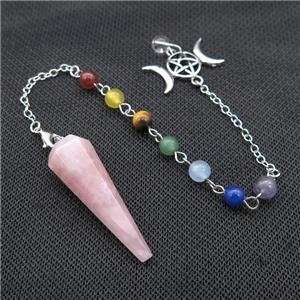 Pink Rose Quartz Pendulum Pendant With Gemstone Chakra Chain Alloy Moon Platinum Plated, approx 13-42mm, 6mm, 18cm length